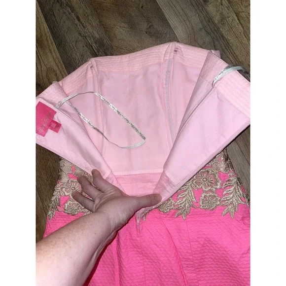 Lilly Pulitzer Kade strapless dress in Pink Tropics with gold embroidery 00 - Picture 9 of 9
